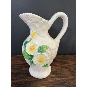 Vintage Rubens White Ceramic Pitcher with Floral Leaf Design Japan